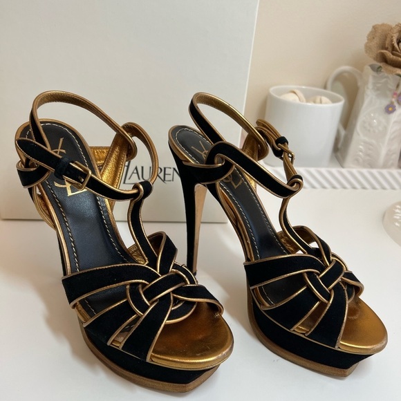 Yves Saint Laurent YSL Suede Black Gold Cutout Accent T-Strap Sandals - Picture 6 of 13
